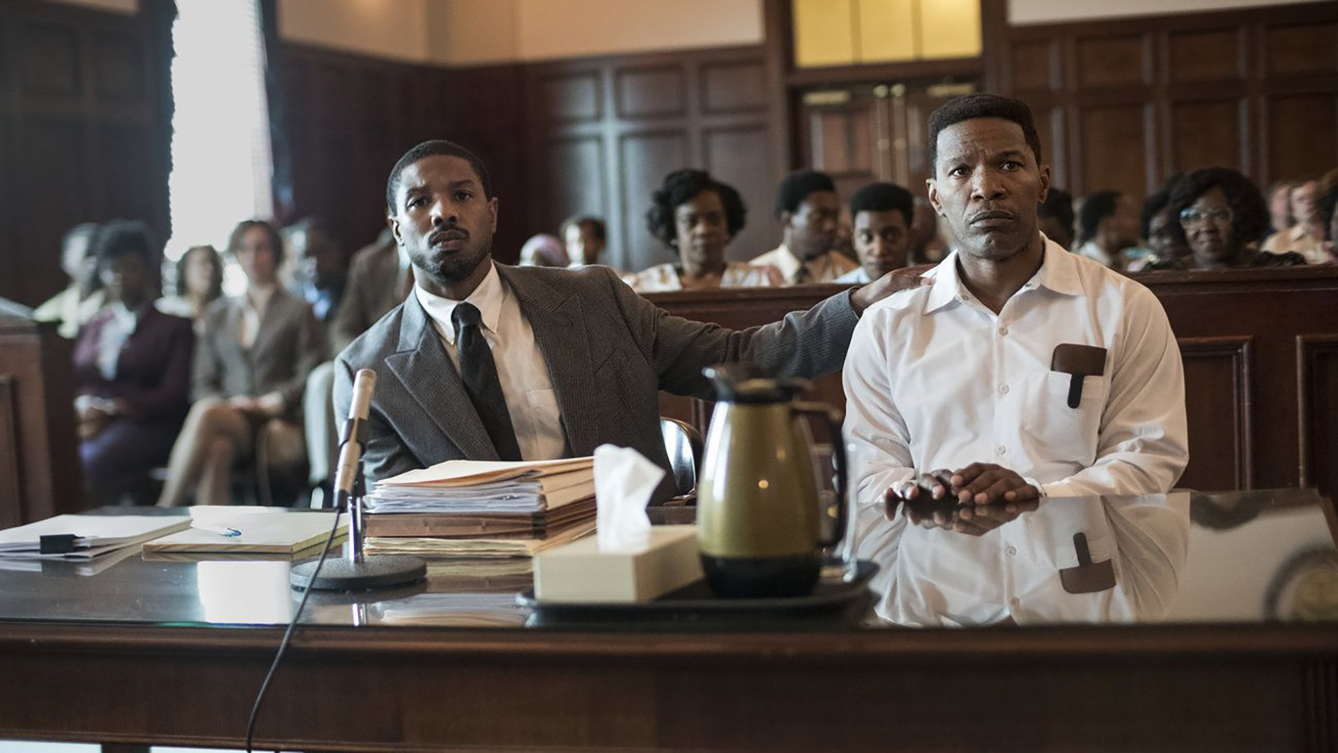 A courtroom scene from the film "Just Mercy."