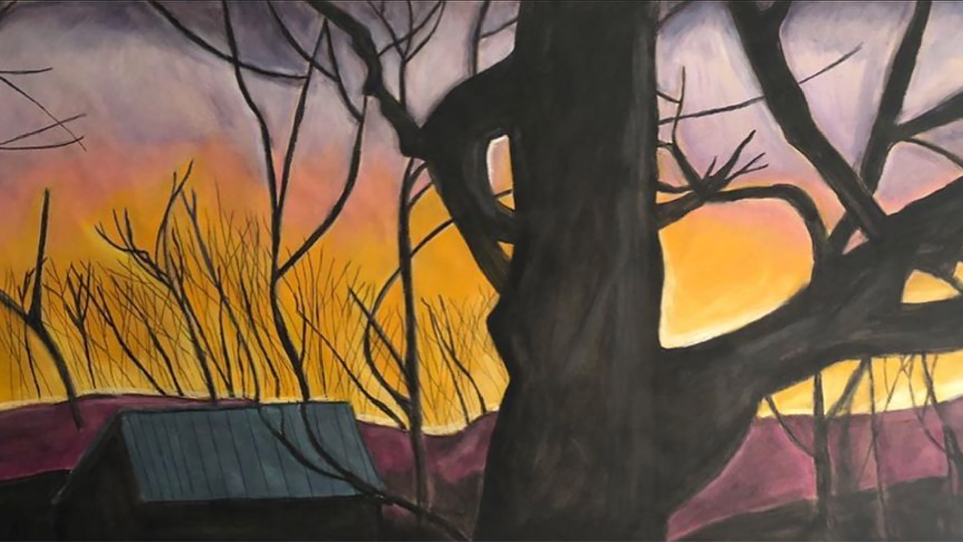 Painting of a sunset behind a large tree with spreading branches